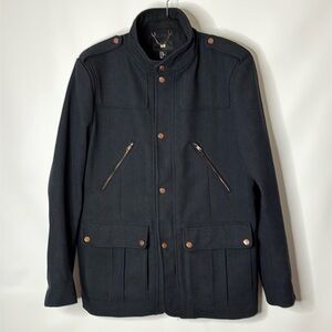 H&M Military Style Wool Blend Men’s Coat in Dark Blue Herringbone Size 56